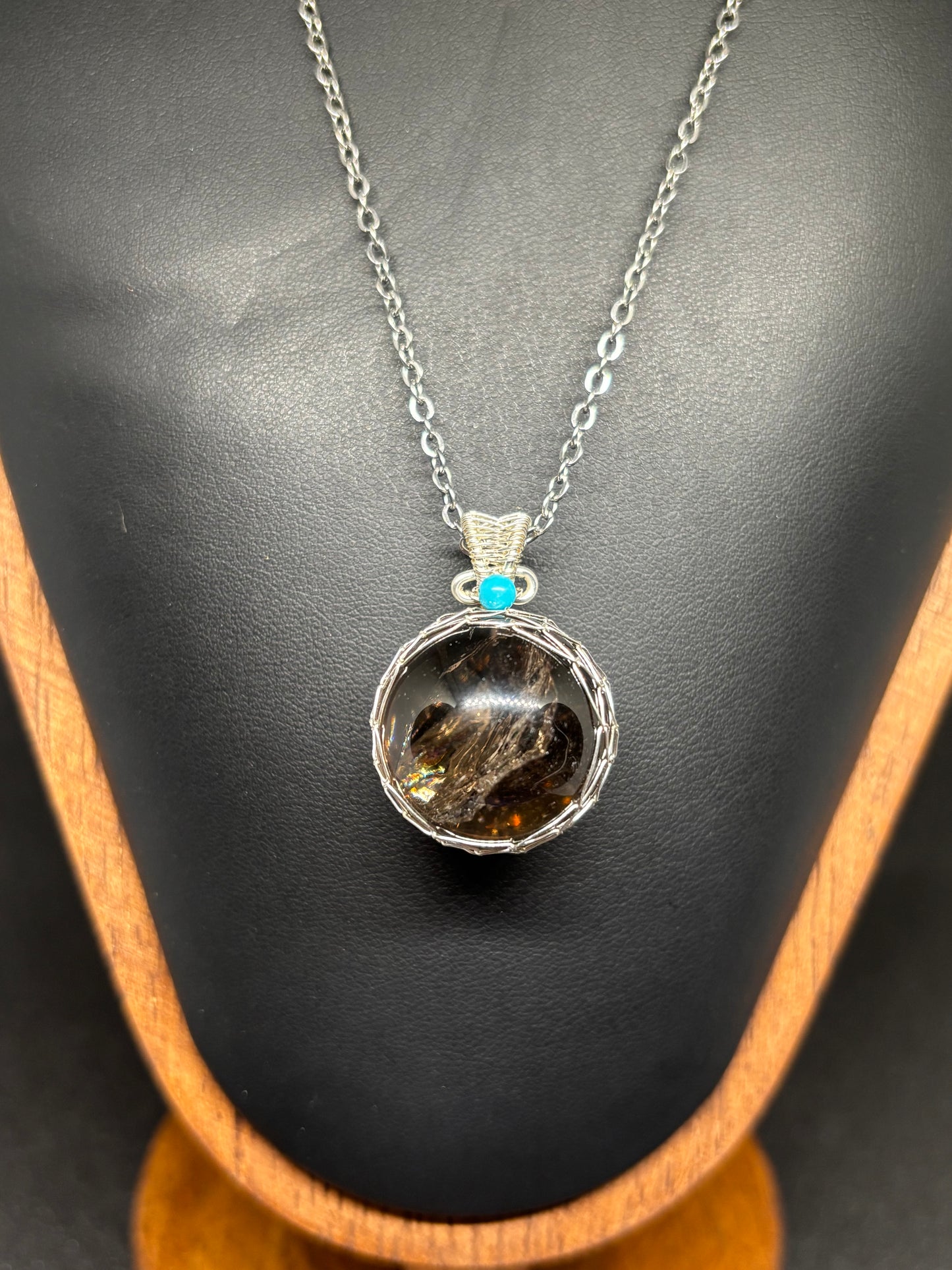 Natural Smoky Quartz Sphere Pendant - Steel Net Wrapped with Turquoise Accent
