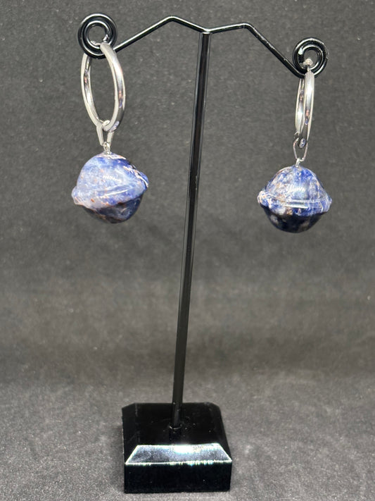 Natural Sodalite Bell Earrings - 2cm Hand Carved Stainless Steel Hoops