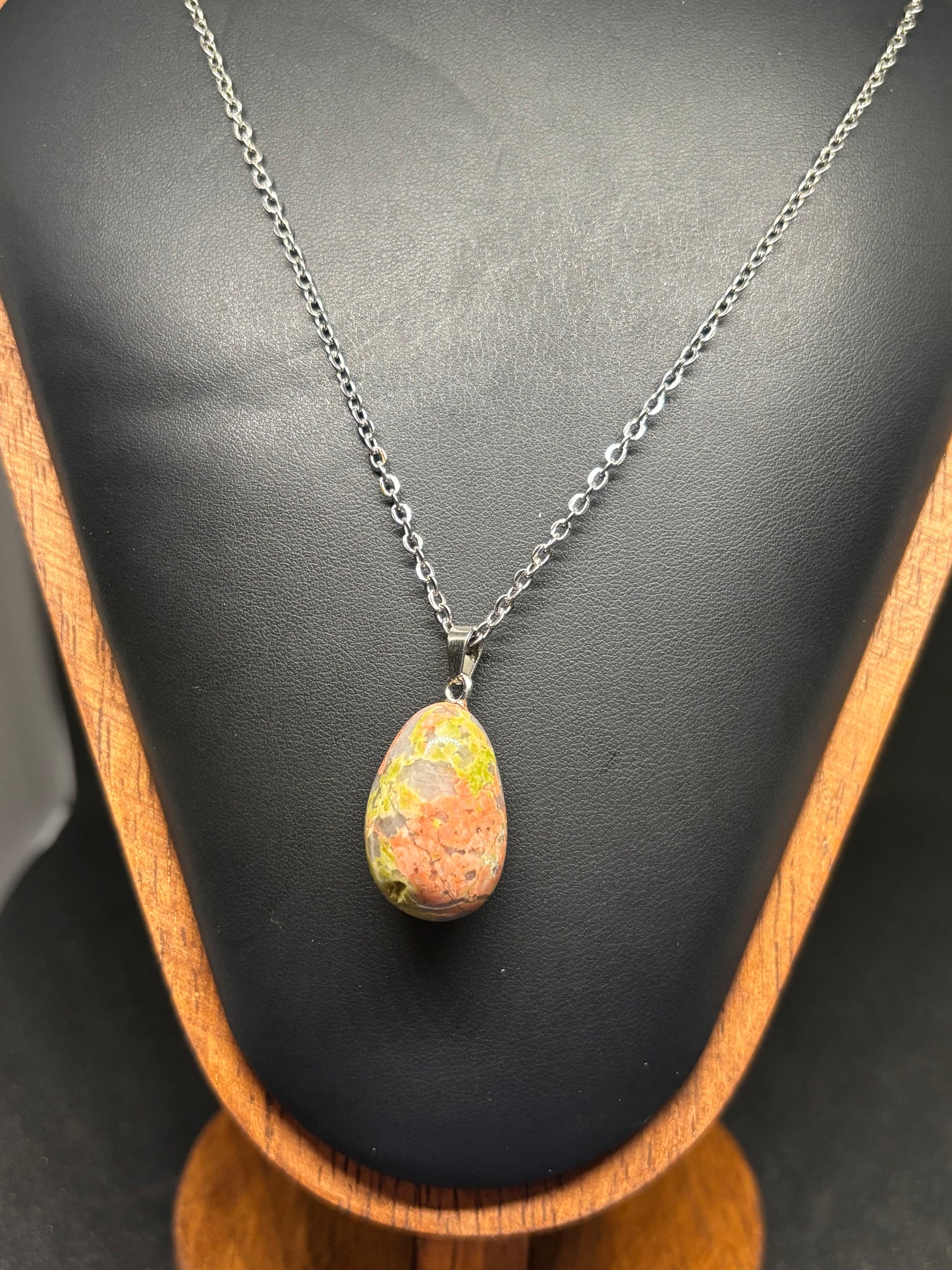 Natural Unakite Pendant Necklace - Green & Peach Gemstone with Steel Chain