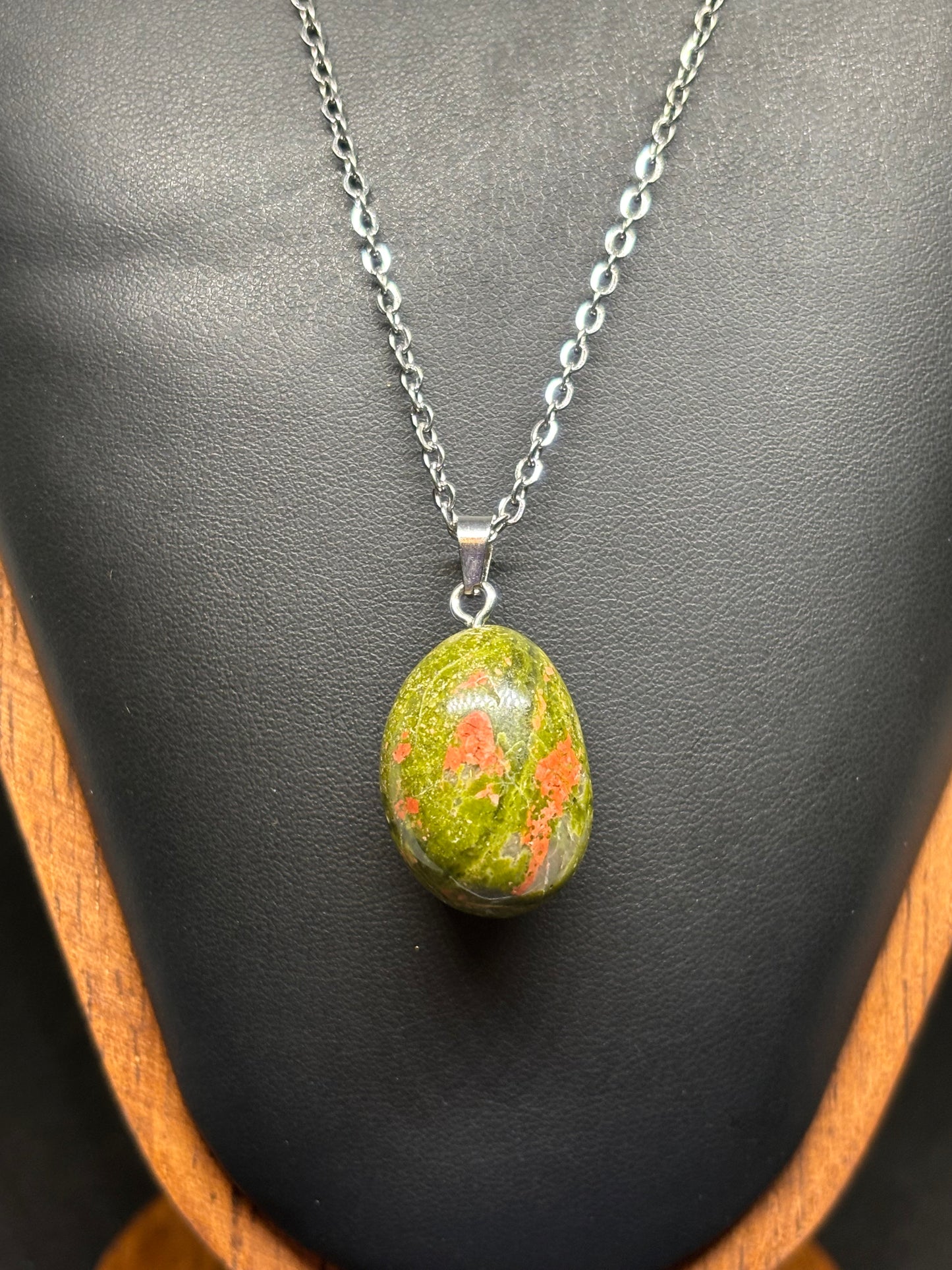 Natural Unakite Pendant Necklace - Green & Peach Gemstone with Steel Chain