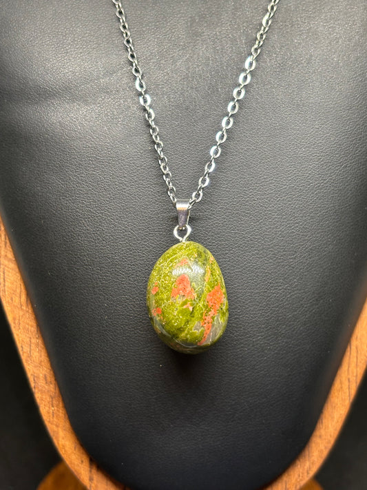 Natural Unakite Pendant Necklace - Green & Peach Gemstone with Steel Chain