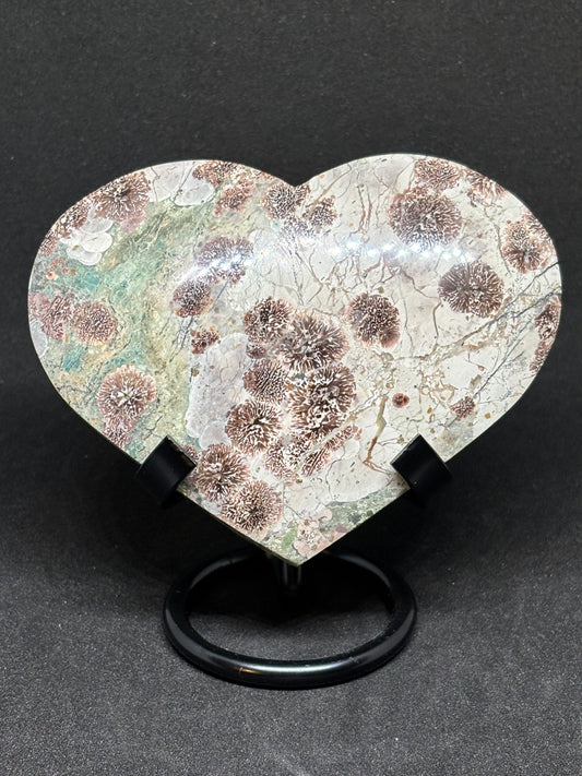 Green Sakura Flower Agate Heart - 10cm Spring-Inspired Crystal with Stand