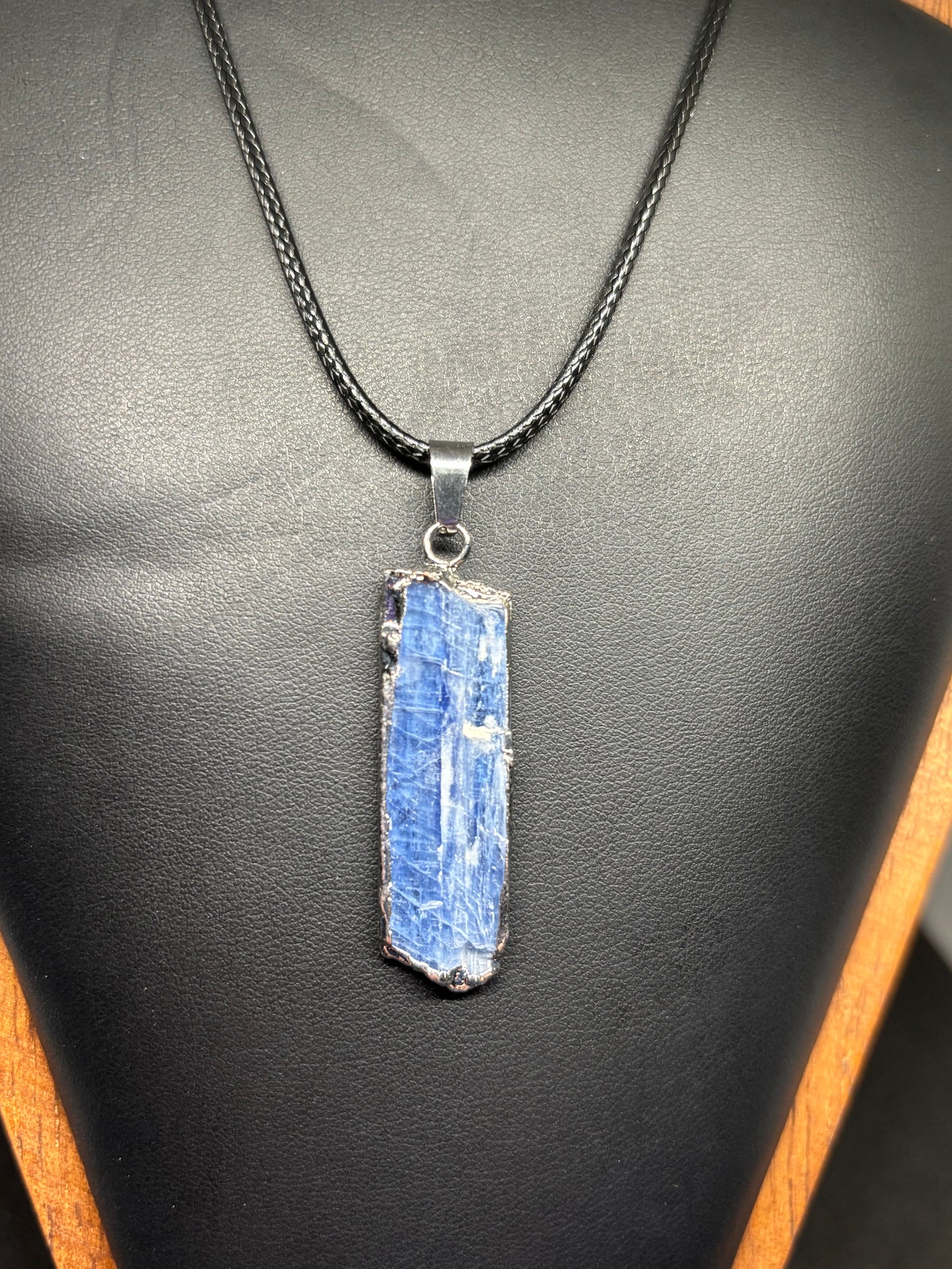 Natural Blue Kyanite Raw Crystal Pendant - Steel Edged Statement Necklace