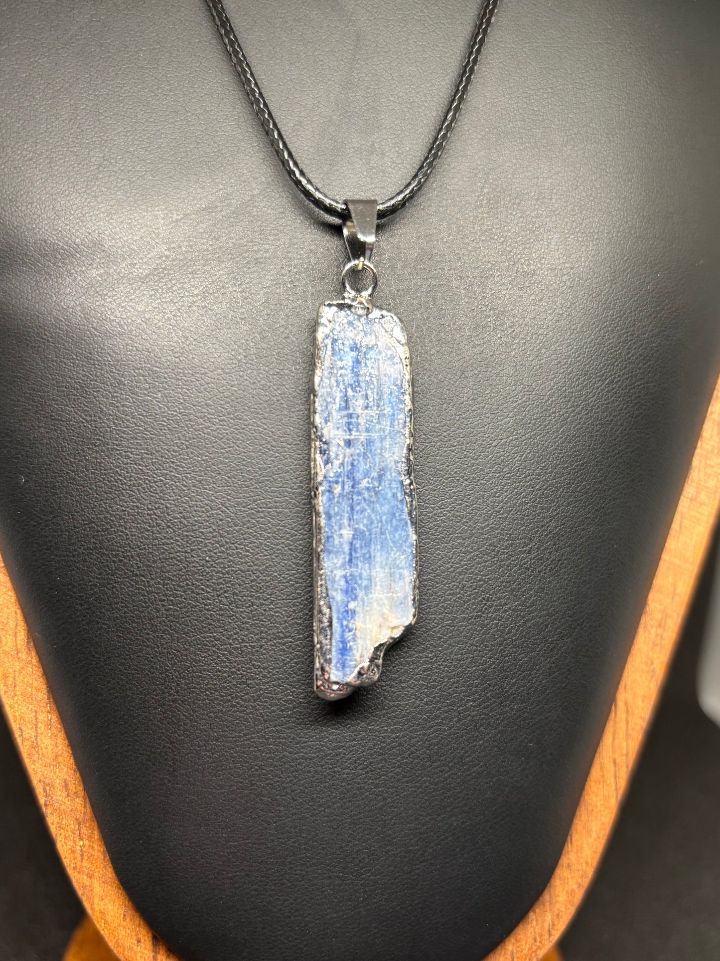 Natural Blue Kyanite Raw Crystal Pendant - Steel Edged Statement Necklace