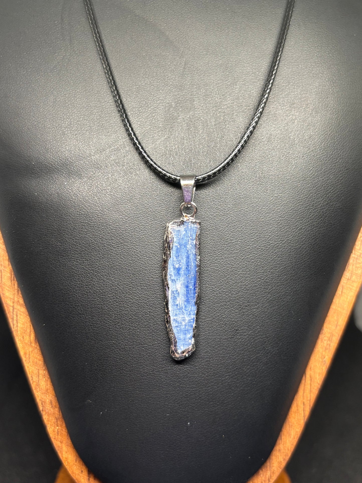 Natural Blue Kyanite Raw Crystal Pendant - Steel Edged Statement Necklace