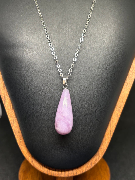 Hand Carved Lepidolite Drop Pendant - 1.5" Purple Crystal with Chain