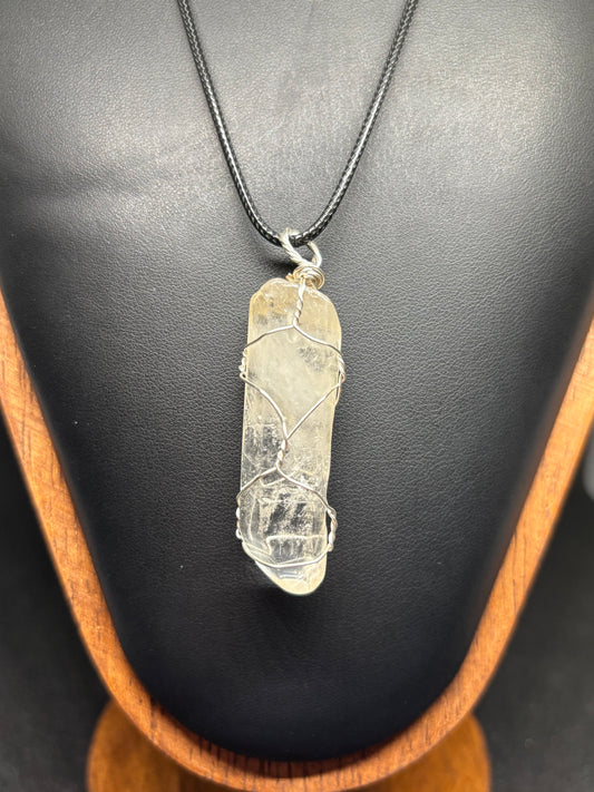 Clear Quartz Crystal Point Pendant - Large Silver Wrapped Stone 20" Cord