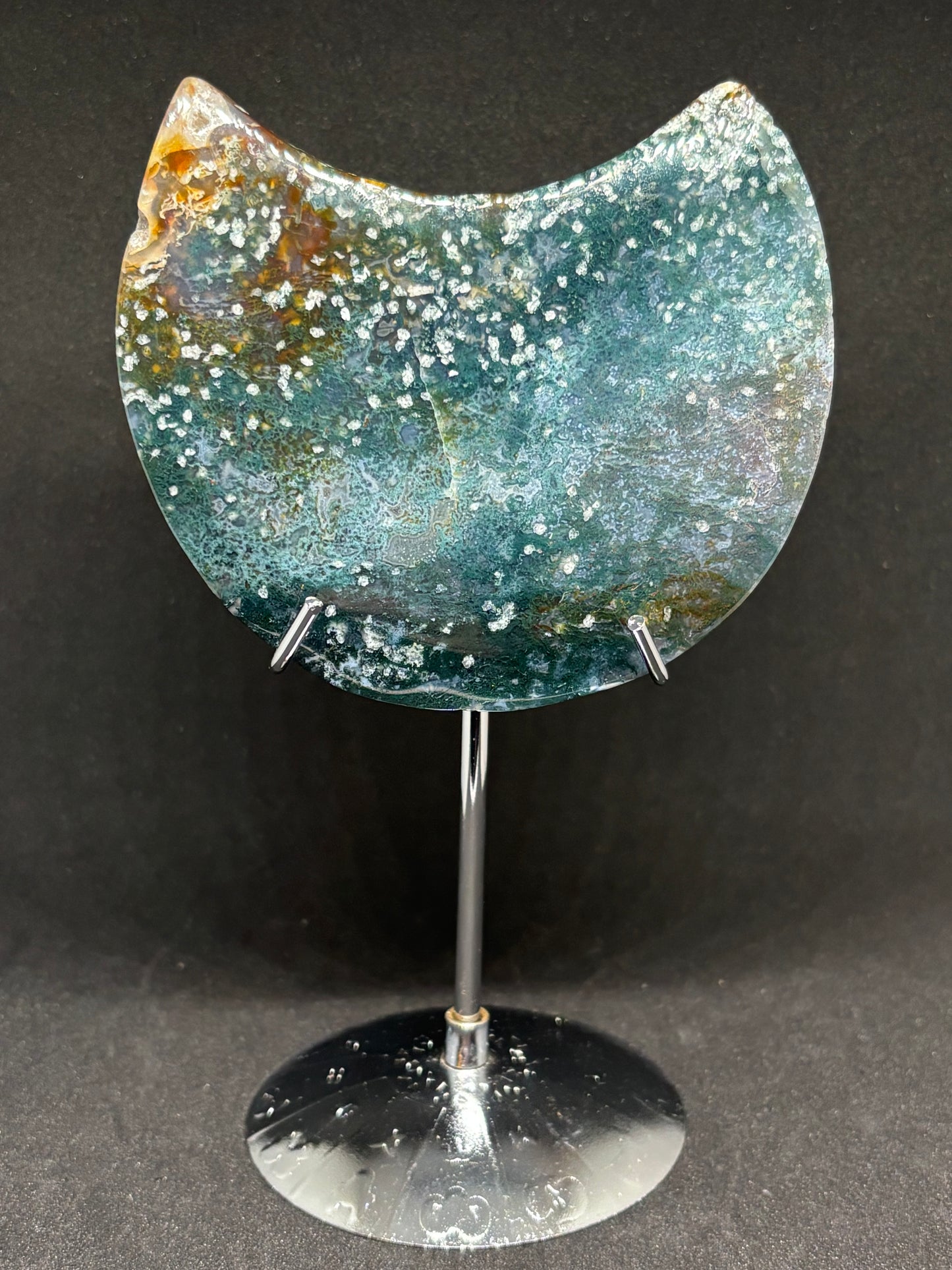 Ocean Jasper Moon Carving - 10cm Speckled Crystal 185g with Elegant Stand