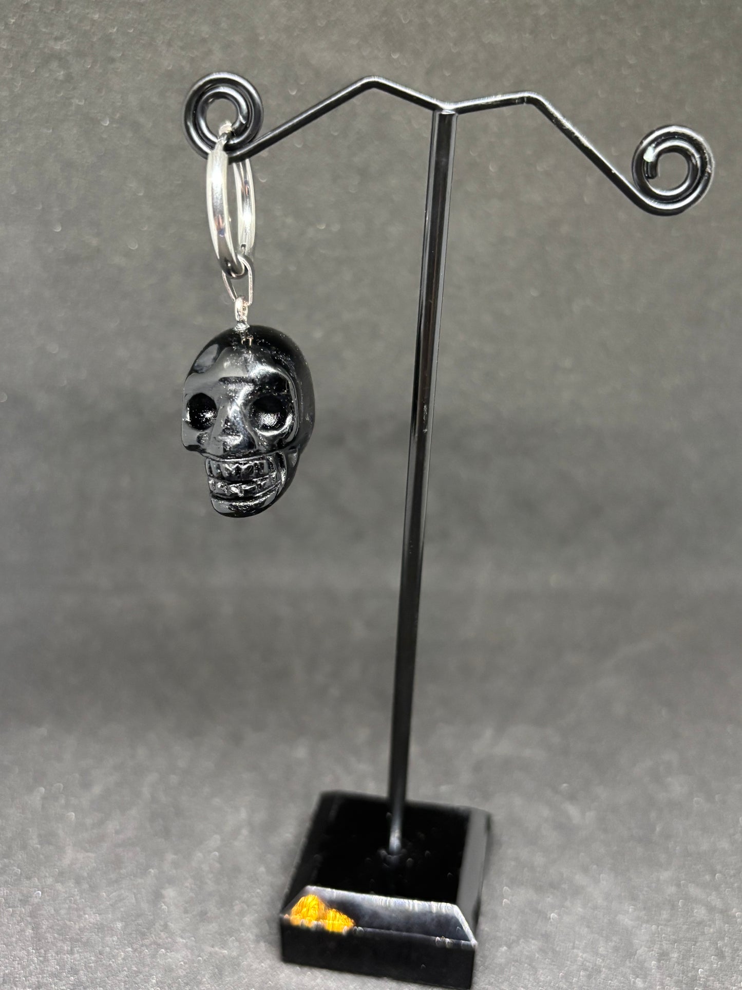 Single Hand Carved Black Obsidian Skull Earring - 2cm Stainless Steel Hoop